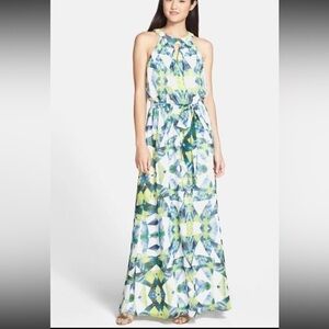NWT Vince Camuto Blue and Green geometric maxi dress with layers and collar